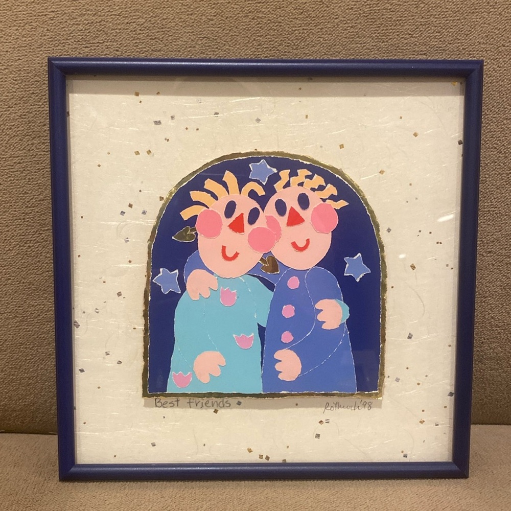 Original 1998 Best Friends torn paper collage signed by Carol Rothtock 8x8
